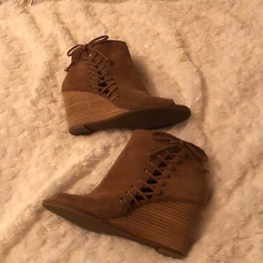 Tan open-toed booties by Lucky Brand